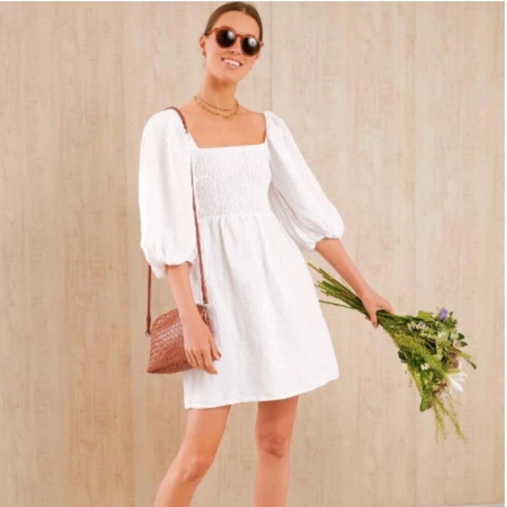 Tuckernuck Annie White Linen Smocked Puff Sleeve Mini Dress Size‎ M